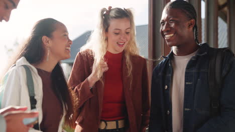 three smiling people in a casual setting