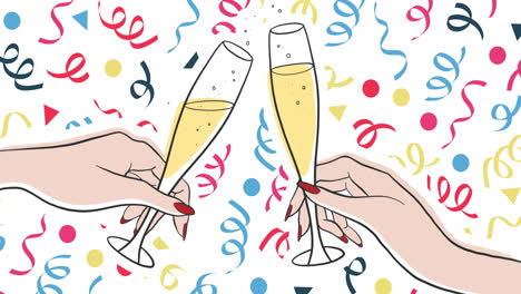 animation of two female hands holding glasses of champagne on white background