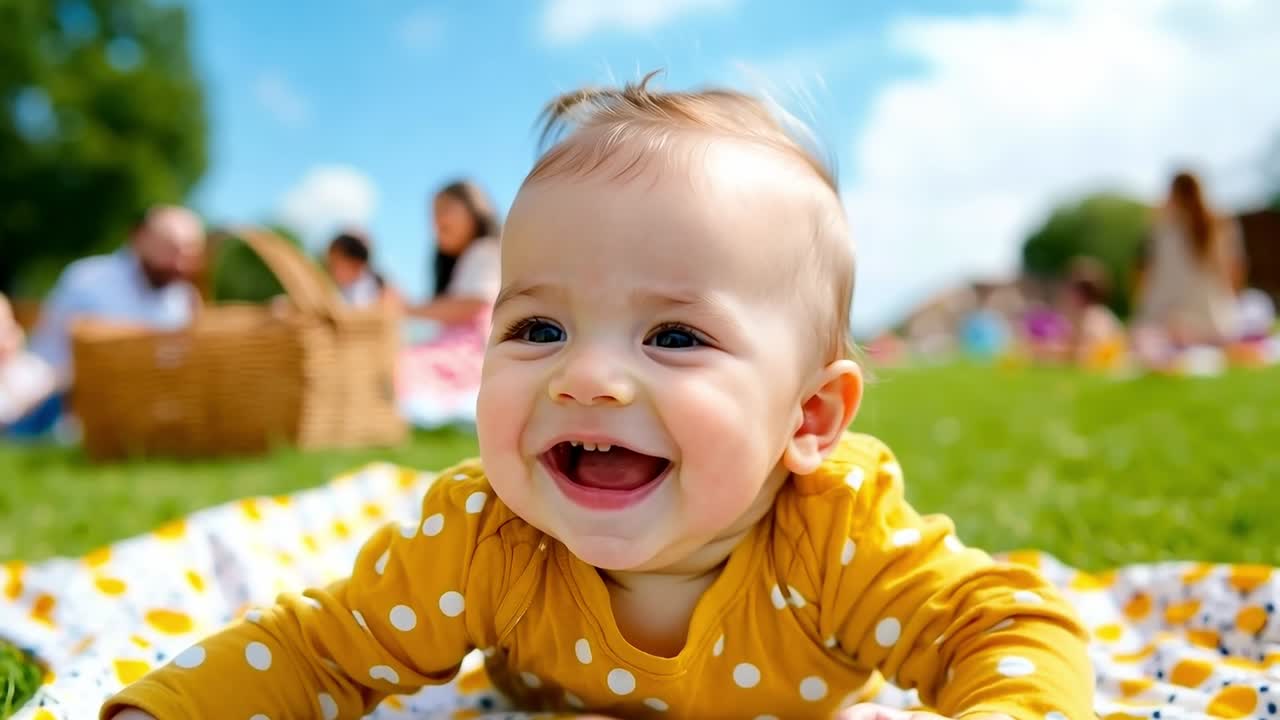 Ein Baby, das auf einer Decke im Gras liegt und lächelt