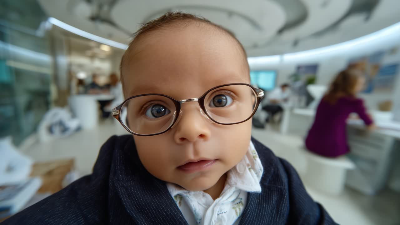 Bebè adorabile con gli occhiali che trasuda curiosità e sicurezza, catturando l'essenza dell'intelligenza e della meraviglia dell'infanzia in un ambiente moderno ed elegante