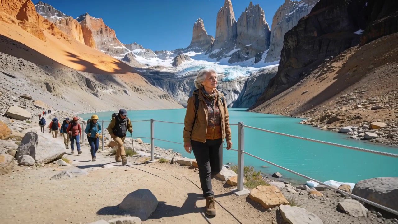 Partendo dall'inizio del sentiero, un escursionista anziano guida un gruppo lungo un sentiero del lago glaciale, appoggiando la mano sul corrimano.