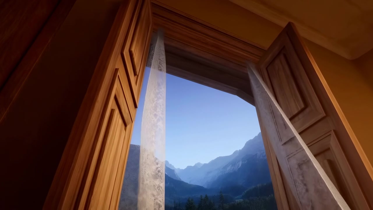 Low angle interior view of tall wooden shutters opening beside delicate lace curtains, revealing distant mountain valley and cool sky while warm amber light fills rustic room, with shutter, window