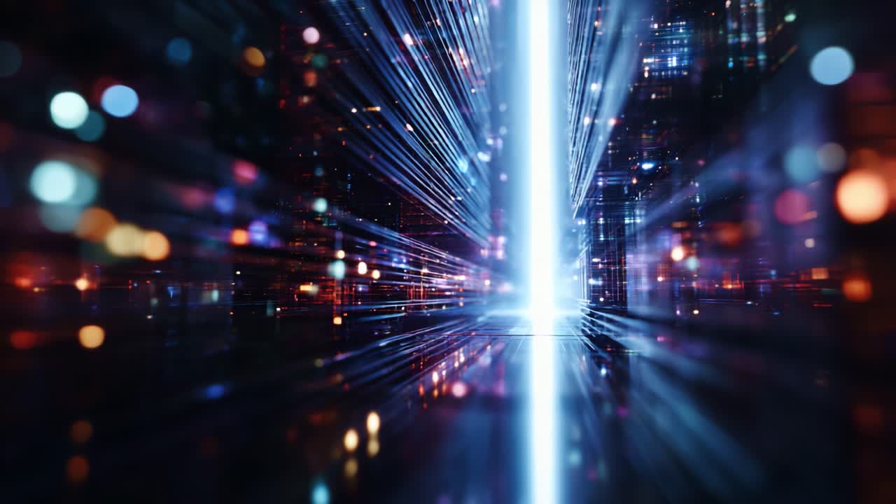 Un affascinante viaggio visivo attraverso un portale futuristico, che mostra vivaci fasci di luce che convergono in un paesaggio digitale pieno di bokeh colorati e riflessi