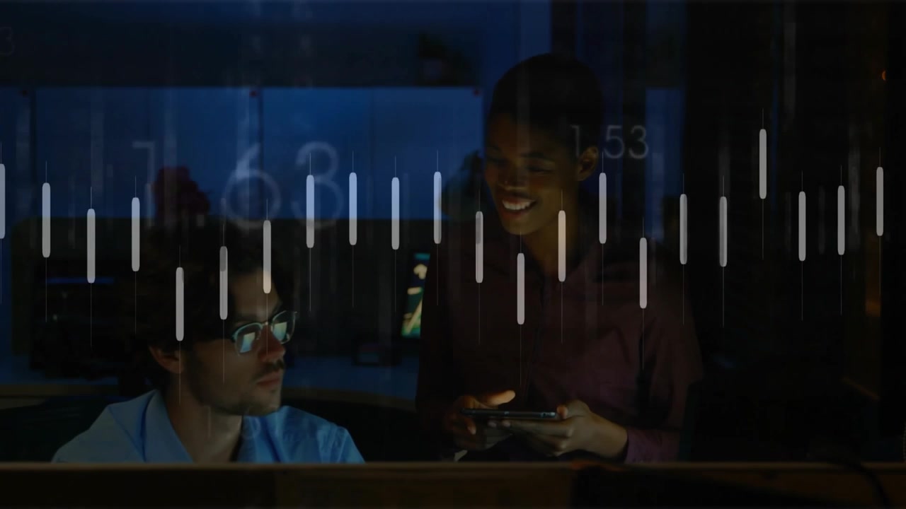 Standing woman with tablet in tech office waveform updating and sparking seated man checking data