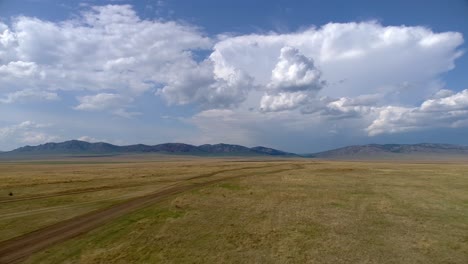 wide shot of a field with mountains in the distance