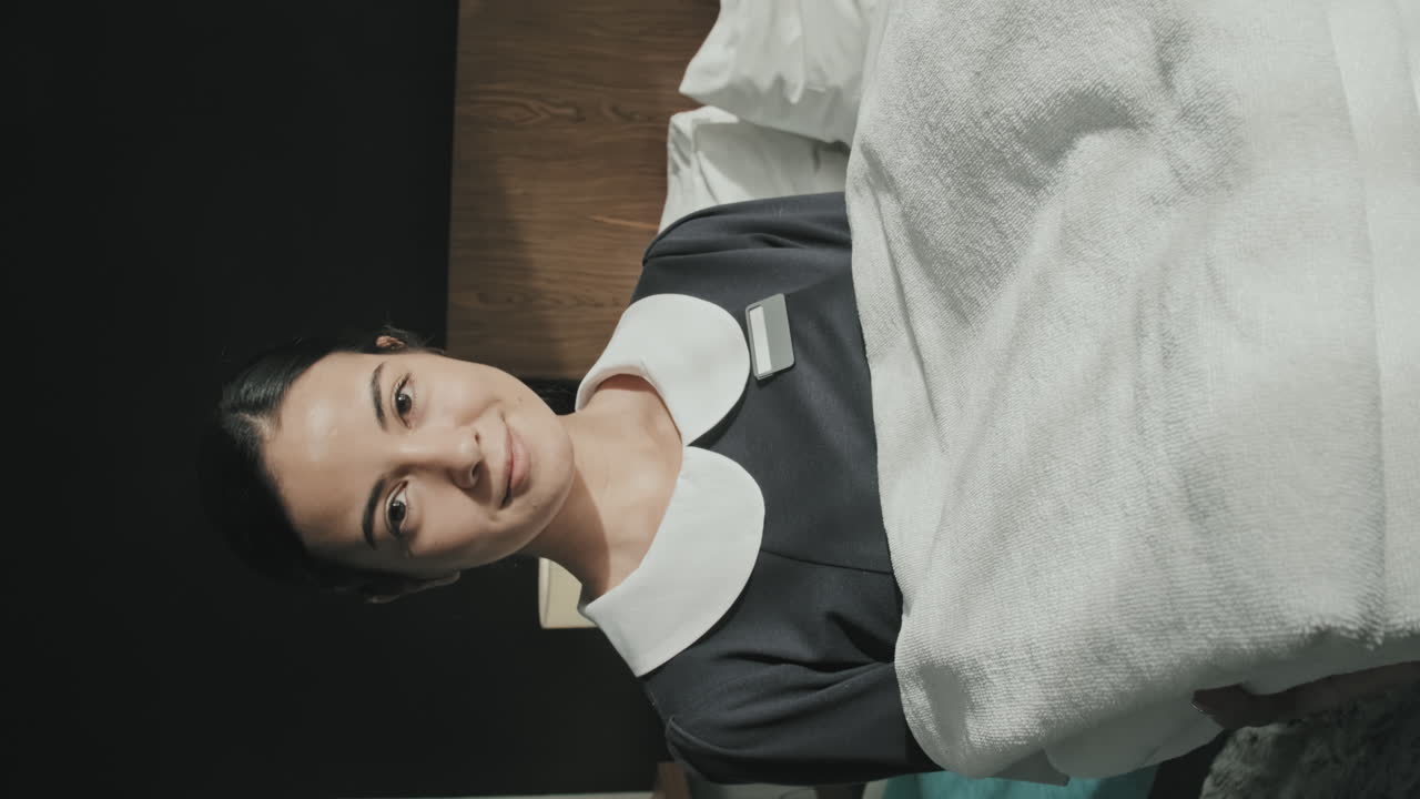 Portrait of Female Housekeeper with Towels Smiling