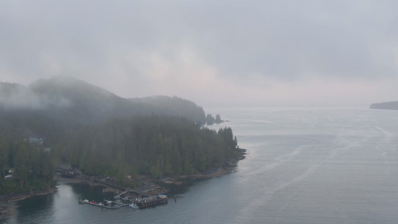흐린 여름 일출 동안 태평양 해안에 있는 작은 외딴 마을의 공중 전망