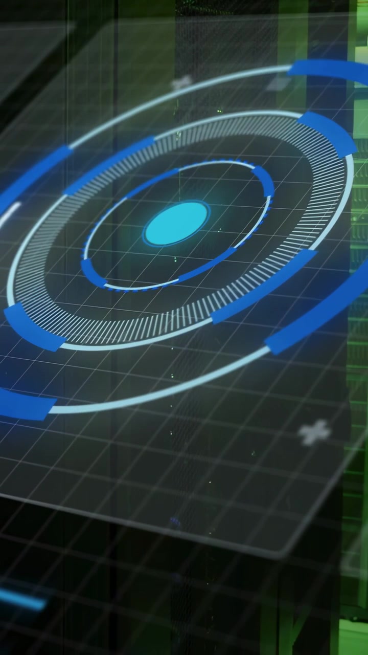 Vertical video: On activation HUD rotating, grid planes sliding, revealing server rack details