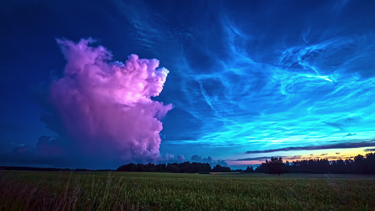 일몰의 파란색과 보라색 구름의 타임  ⁇ 스 (timelapse of blue and purple clouds at sunset casting its glow over a serene field)