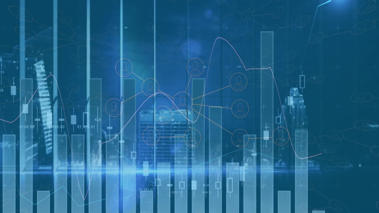 Animation of financial data charts overlaying cityscape with blue tones