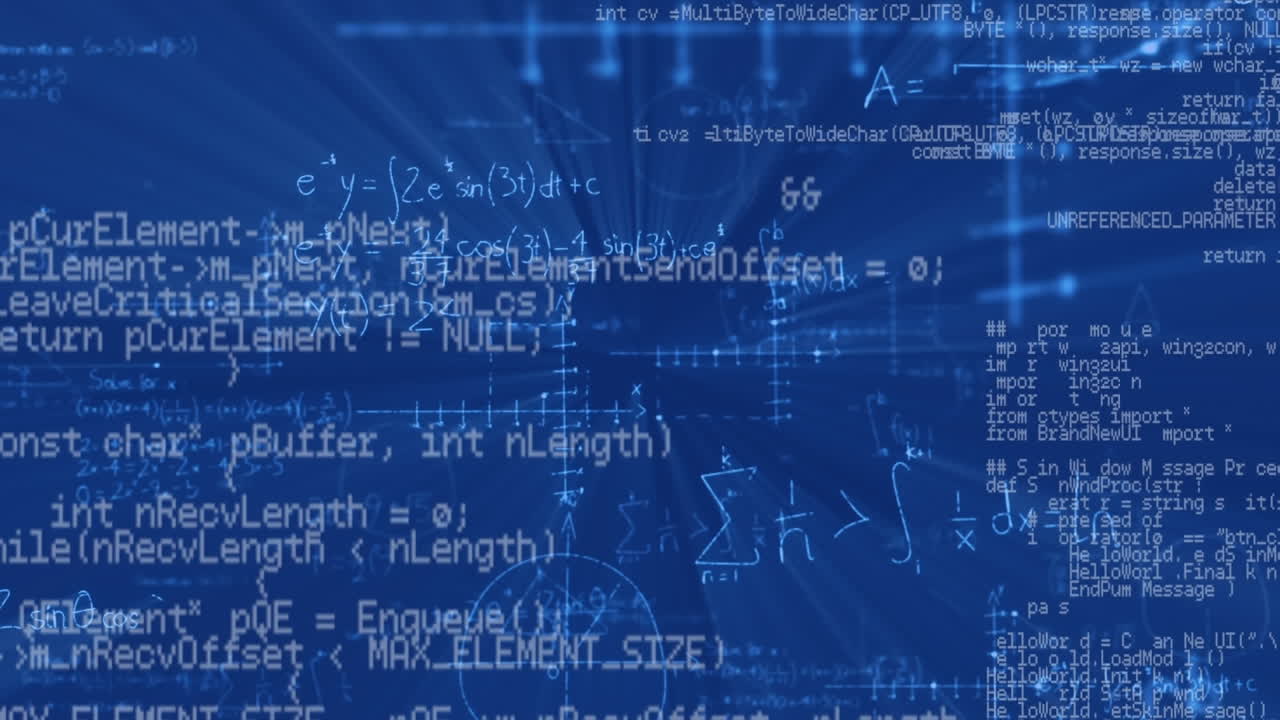 Animation of data processing and math formulas on blue background