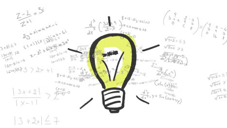 Animation of a light bulb drawing over black mathematical equations floating on white background