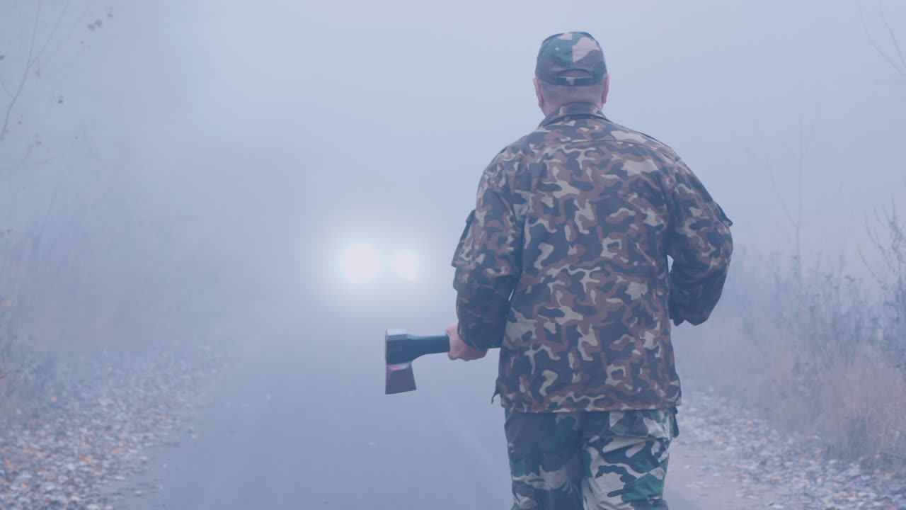 un asesino con un hacha ensangrentada en un camino forestal se encuentra a la luz de los faros de los autos espeluznante escena del crimen