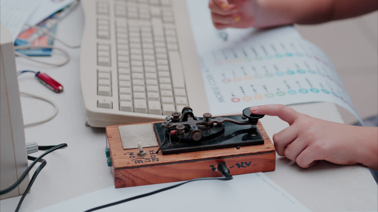 Woman using a telegraph device with a decipher