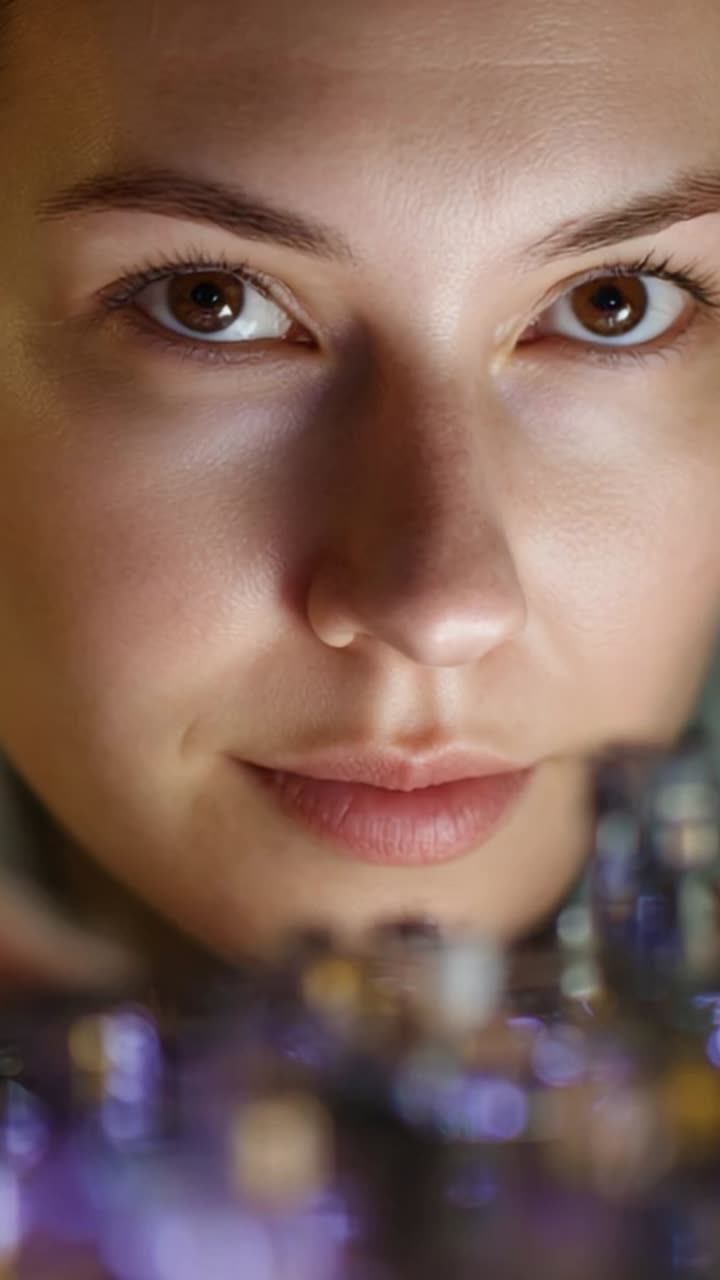 A Close-Up Portrait of a Woman Examining Colorful Bottles, Highlighting Her Intriguing Expressions and Captivating Eyes in Soft Focus