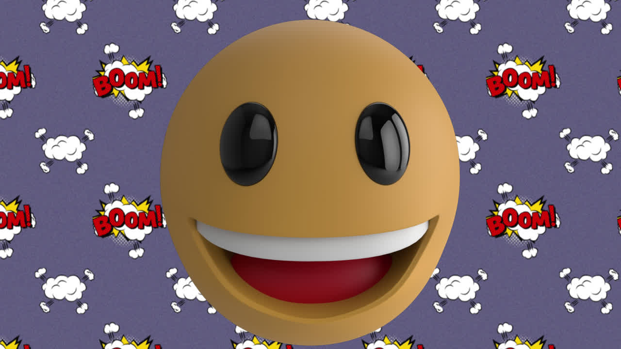 emoji de cara sonriente sobre texto de boom en burbujas de habla contra un fondo púrpura