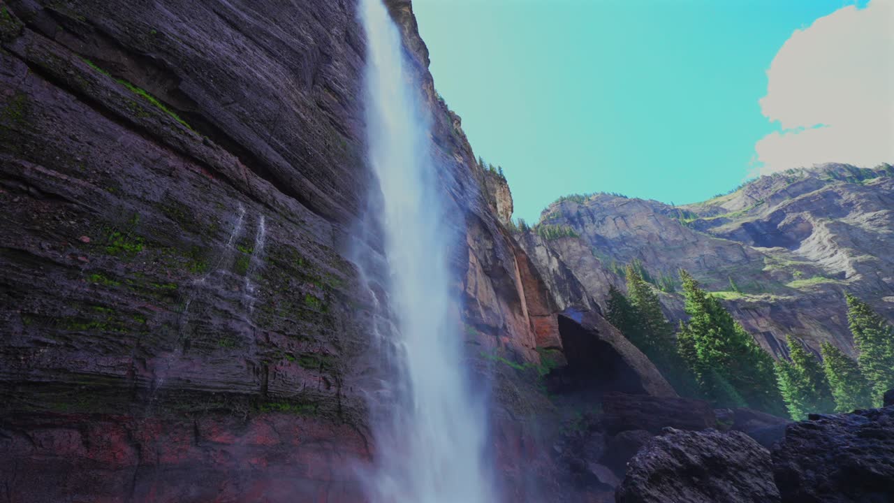 Telluride Bridal Veil Falls wide close up Waterfall Telluride Black Bear Pass Road Colorado powerplant windy mist spray Ouray Ridgway Box Canyon cliffside 4wd hiking cloudy sun blue sky slow pan down