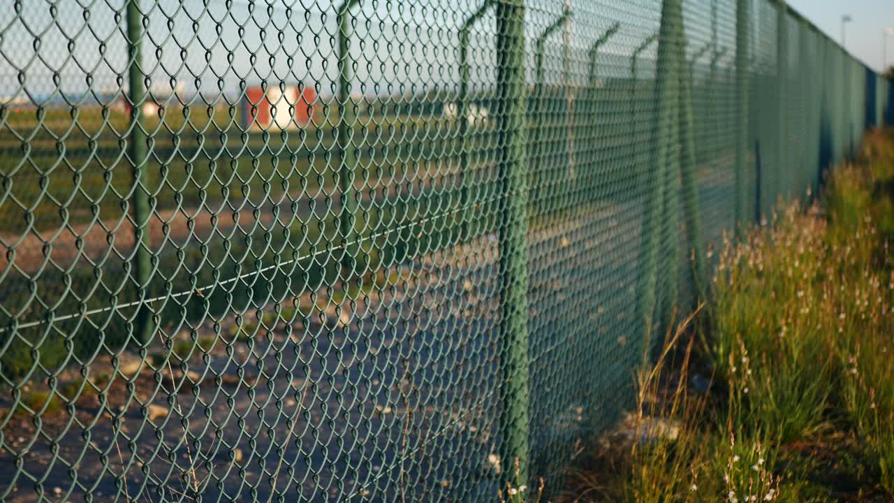 A double chain link fence around a secure facility then the suspicious shadow of a person walking along the fence line