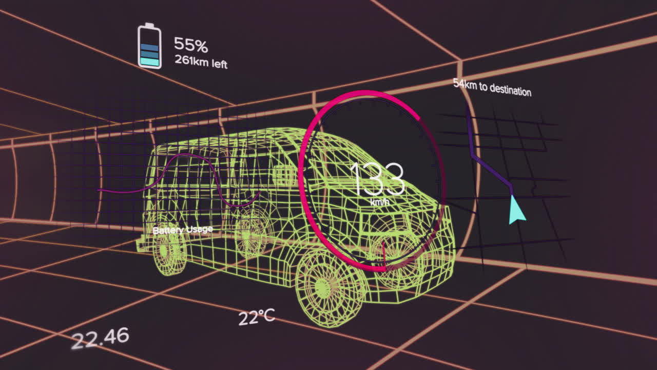 Animation of wireframe vehicle dashboard displaying speed, battery, and navigation data