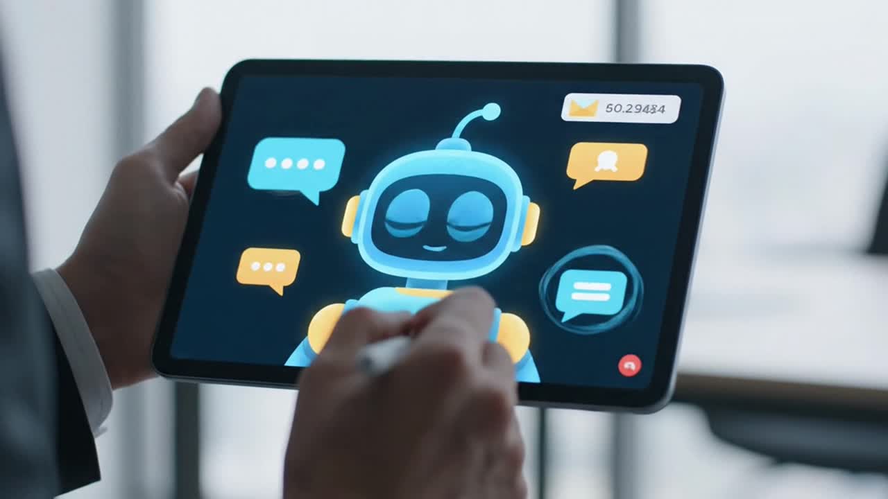 A user interacting with a friendly AI chatbot on a digital tablet