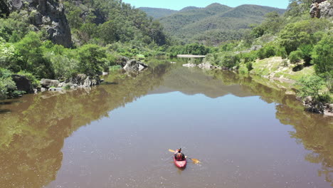 vista de ángulo alto mientras un kayakista solitario entra en el marco de un exuberante río verde