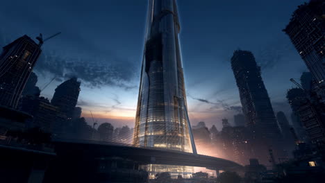 futuristic skyscraper and cityscape at dusk