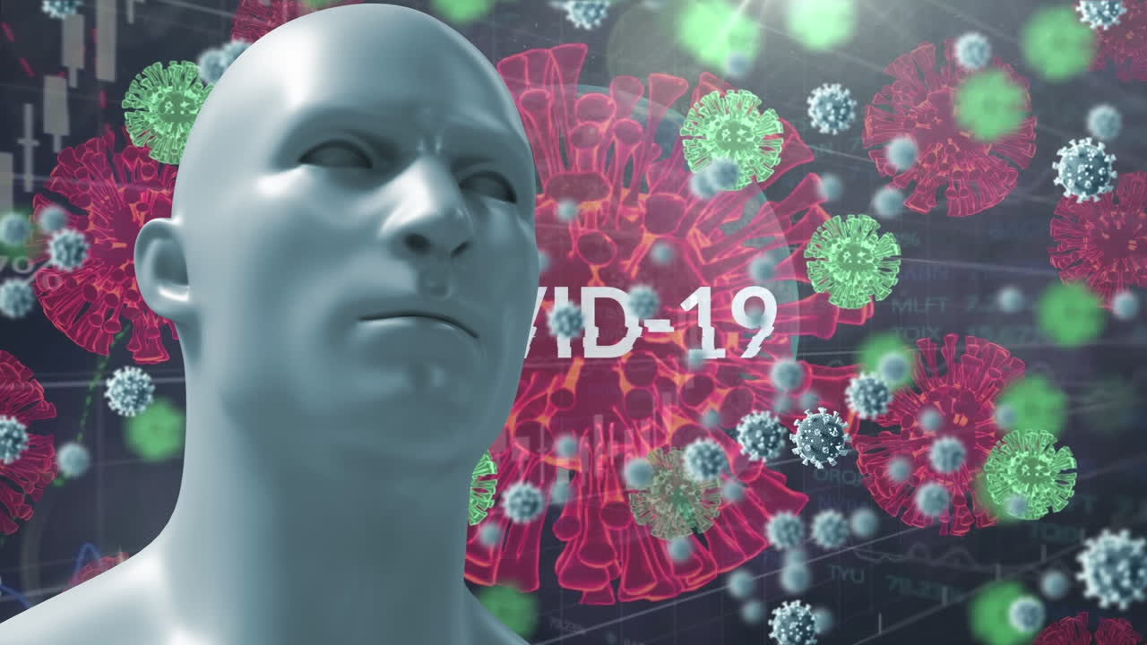 animación de un modelo de rostro humano sobre covid 19 y células del virus sobre un fondo negro