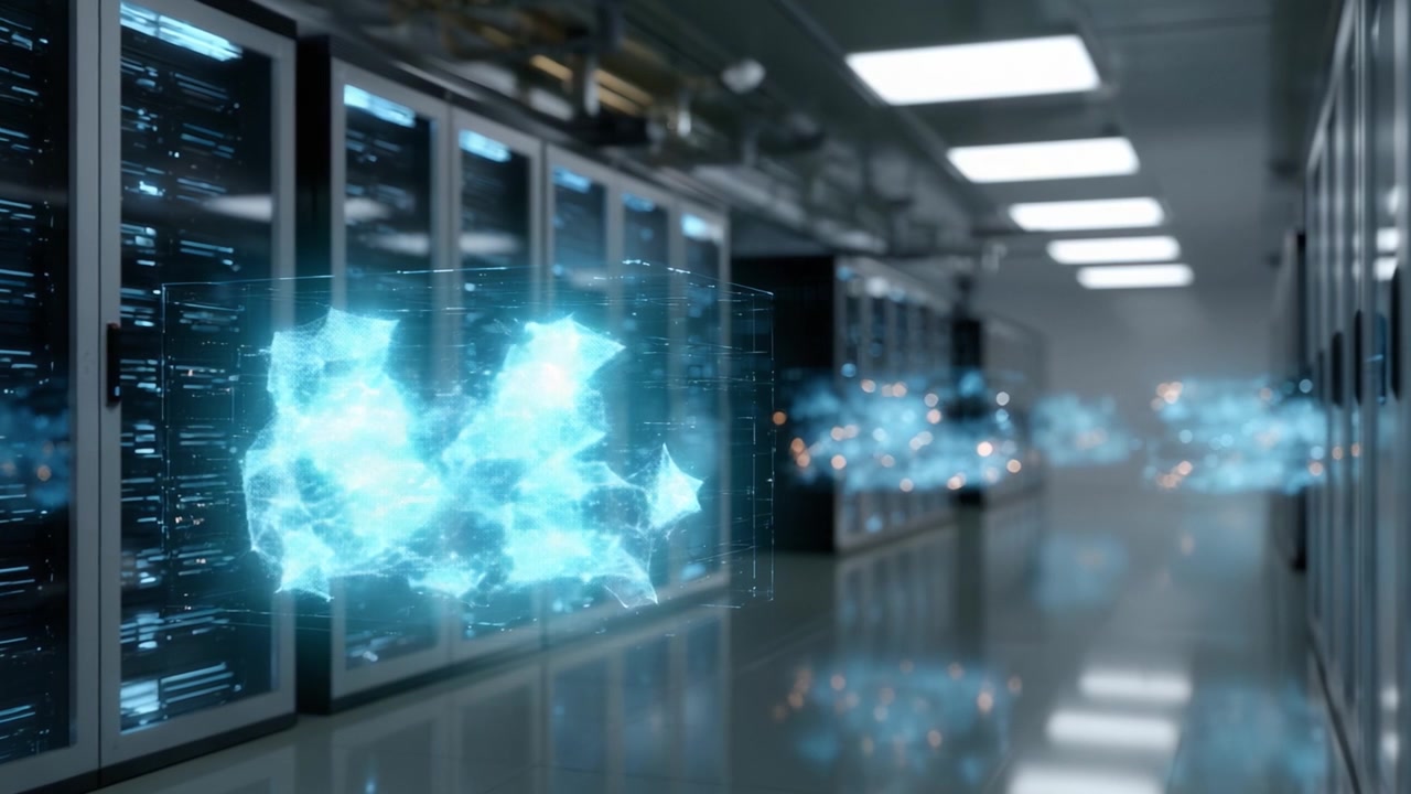 Futuristic Data Center Imagery Showcasing Advanced Network Visualizations Amidst Server Racks for Enhanced Computational Efficiency and Connectivity