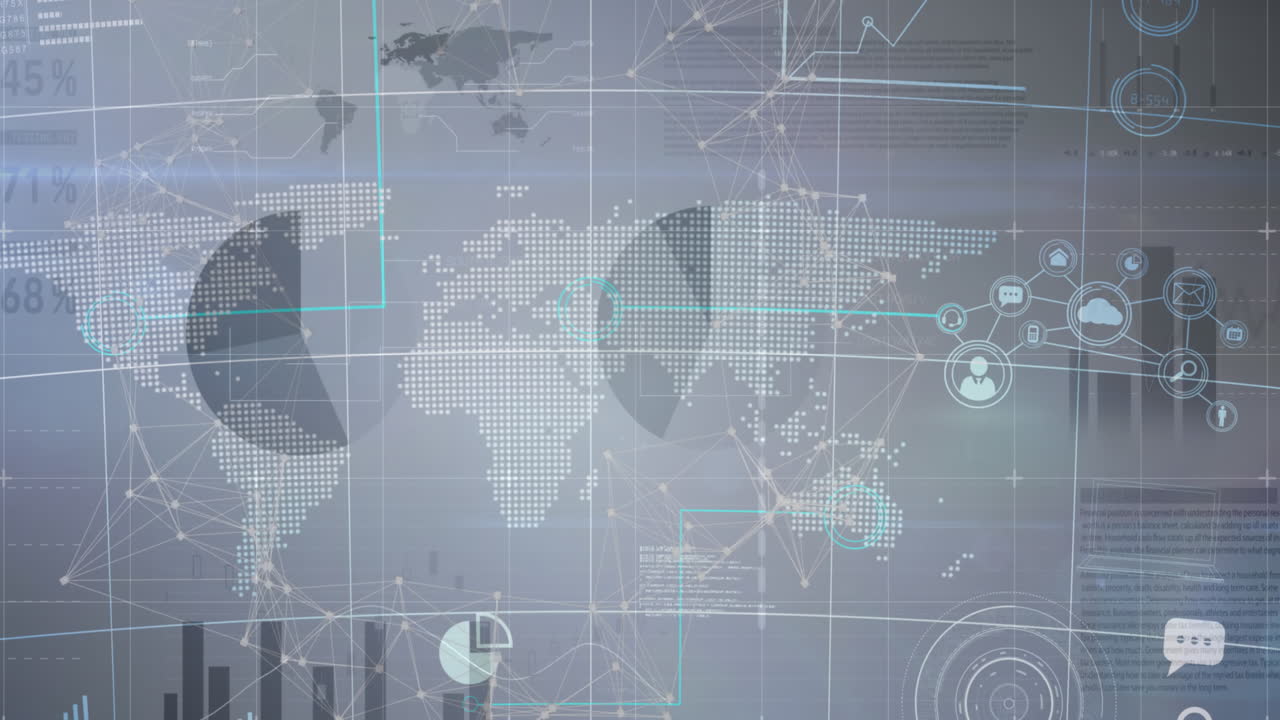 회색 배경의 세계 지도 위에 디지털 아이콘과 데이터 처리의 애니메이션