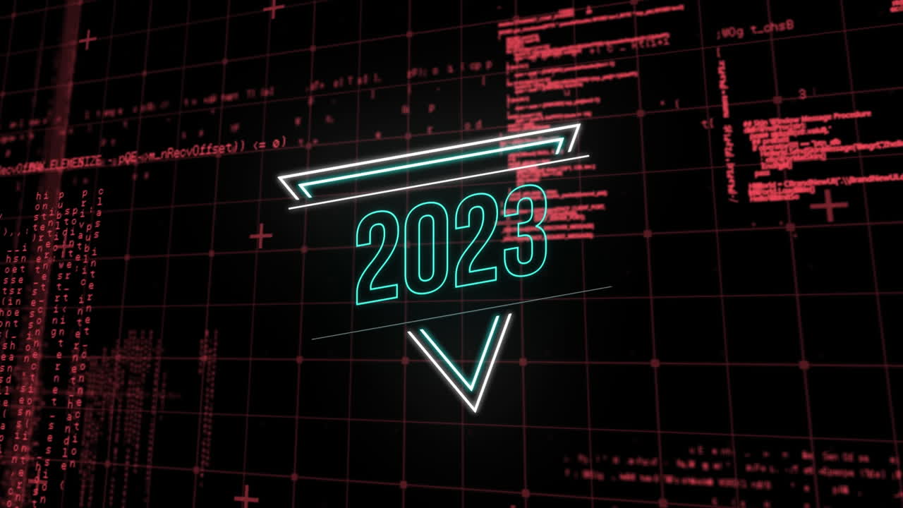 animación de texto de neón 2023 con procesamiento de datos sobre fondo negro