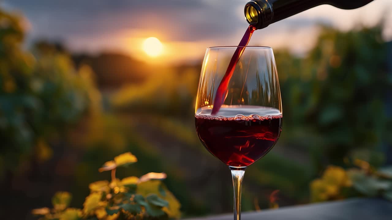 Sonnenuntergang gießt Wein in ein Glas. Weinreihen leuchten sanft im Hintergrund. Rote Flüssigkeit wirbelt anmutig. Stille fühlt sich reich und warm an. Perfekt für romantische oder entspannende Szenen. Ideal für Wein, Reisen