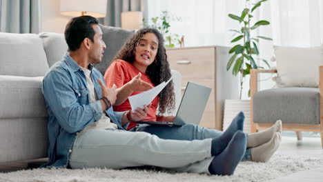 documents, laptop and couple in argument