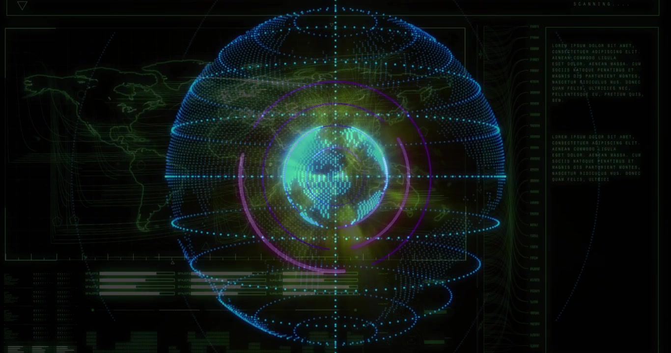 Dim dots forming wireframe globe, rings pulsing and rotating with panels scrolling for data flow