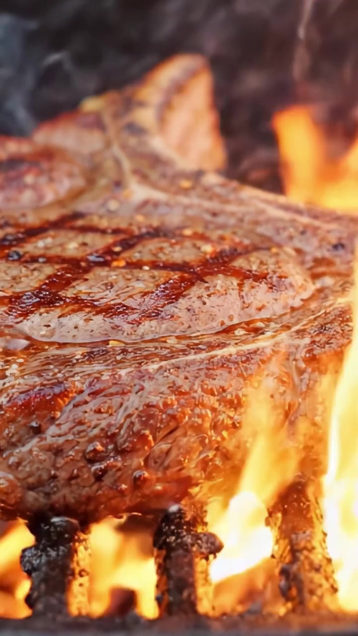 Sizzling Perfection: A Juicy Cut of Steak Cooking Over an Open Flame, Showcasing the Rich Grilling Process and Tempting Charred Texture to Culinary Enthusiasts