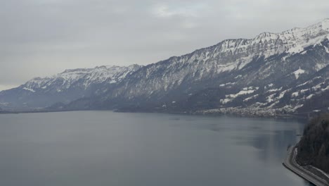 Drone-aerial-of-the-Lake-Thun-Thunersee-in-winter