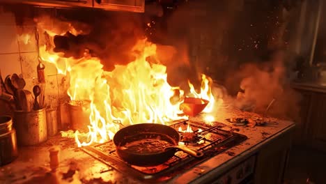 a pot of food on a stove with flames coming out of it