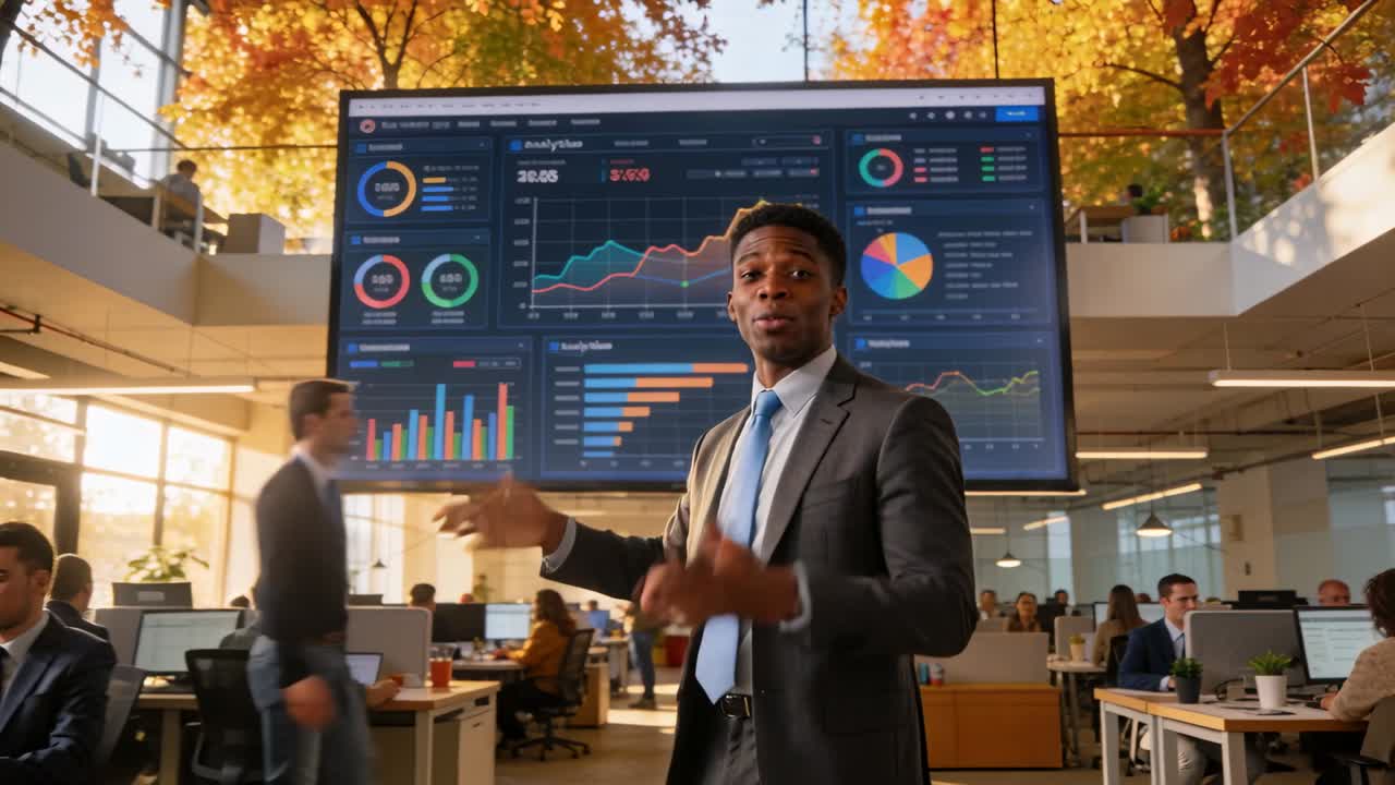 Male presenter pointing at wall display and causing animated charts to highlight business metrics