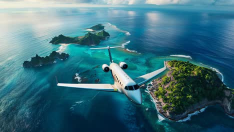 luxury private jet flight over tropical islands