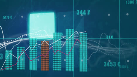 Animation-of-statistical-data-processing-and-neon-sqaure-shapes-against-blue-background