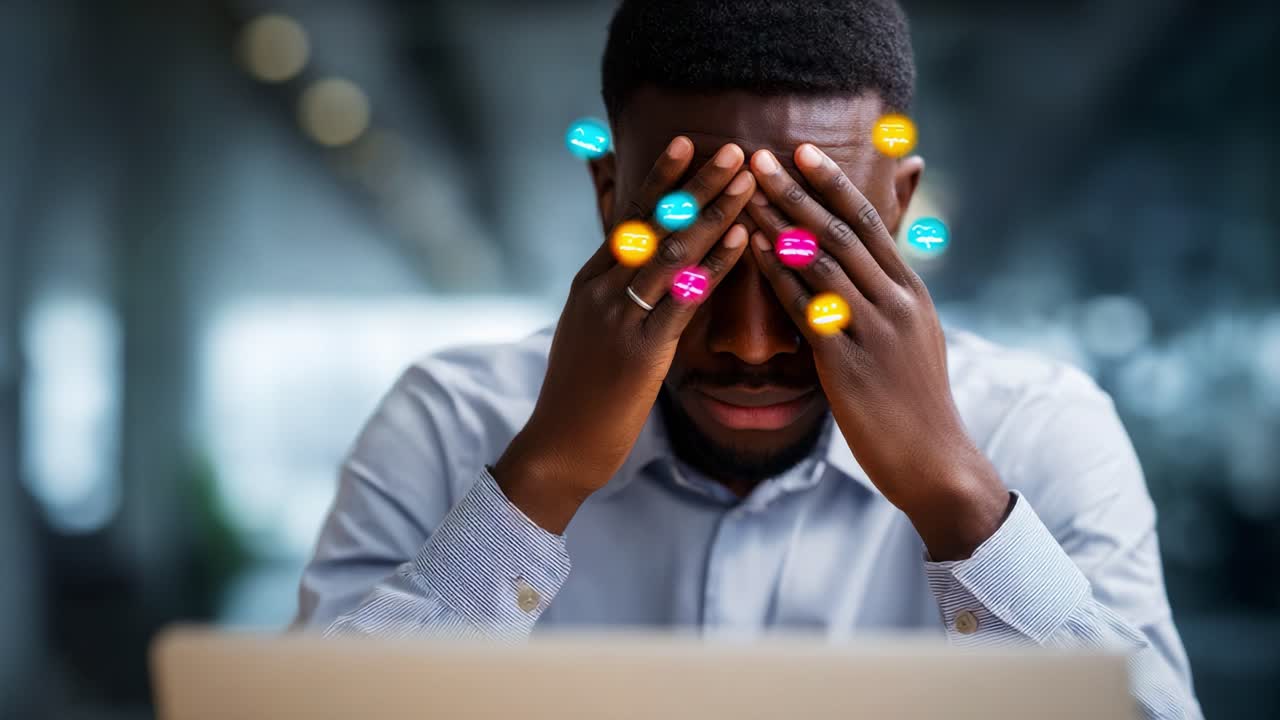 A man experiences frustration and stress while working on a laptop, showing signs of overwhelm with symbols of digital distraction surrounding him in a modern workspace