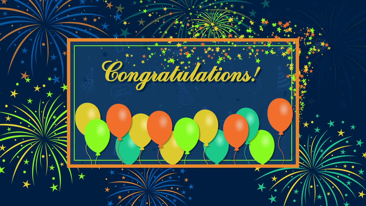 Congratulations with fireworks and balloons