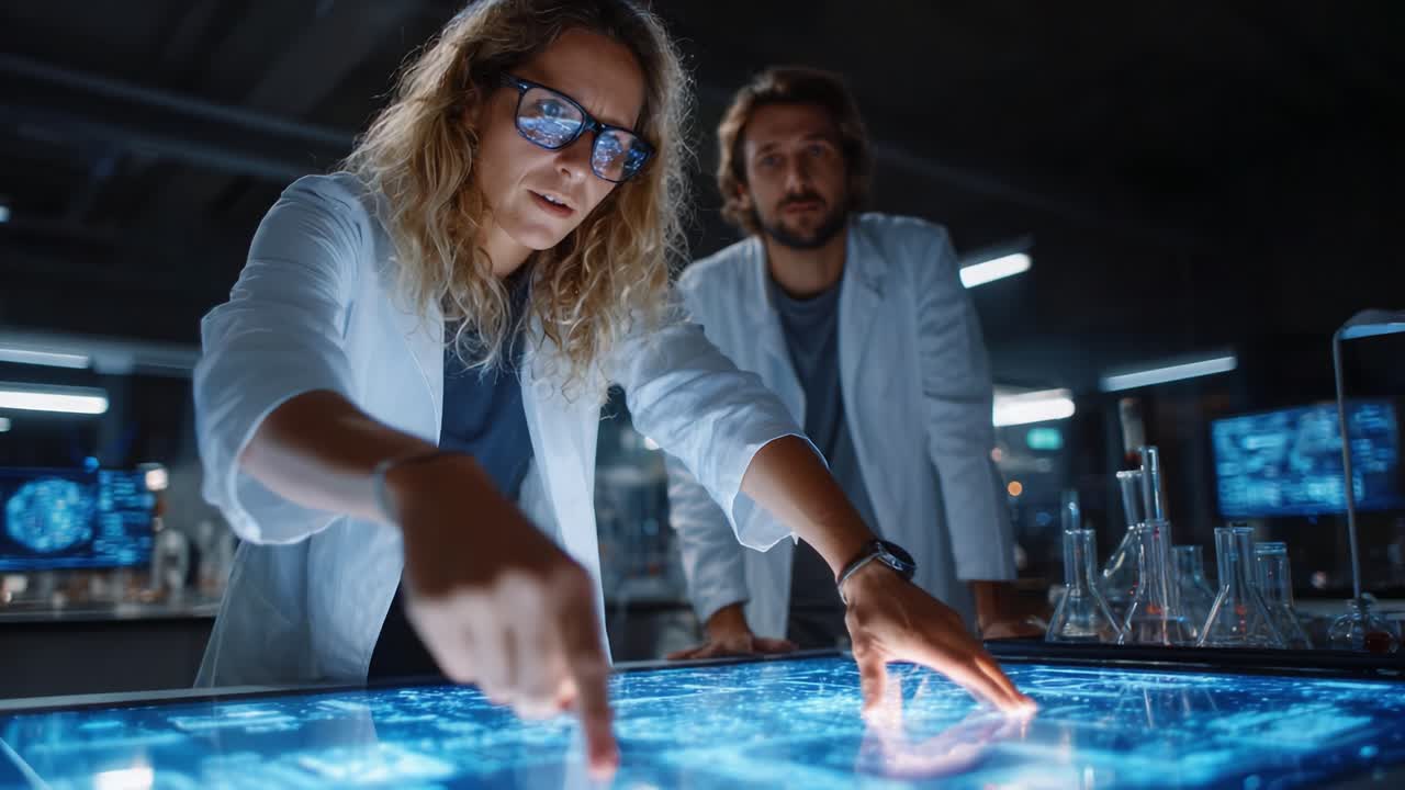 A Collaborative Research Session in a High-Tech Laboratory, Showcasing Scientists Engaged in Dynamic Analysis of Digital Data on an Interactive Touchscreen Display