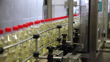 bottled vinegar sealed ready for labeling and packaging on a conveyor belt at a factory being produced with an angled perspective shot