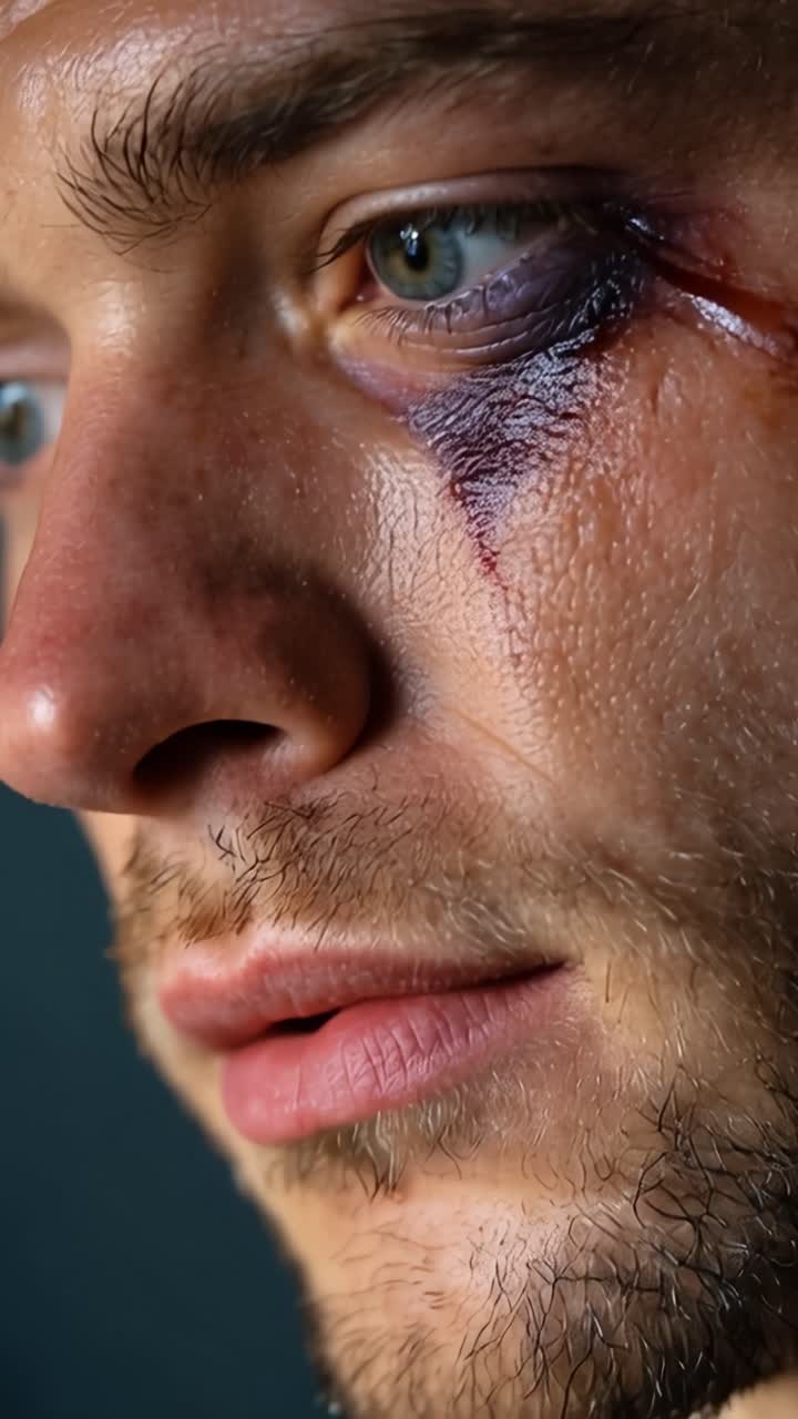 Close-up of Distressed Man with Black Eye and Bloody Wound