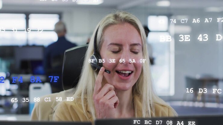 Vertical video: Agent taking incoming call, adjusting headset as hex overlay floats, helping client