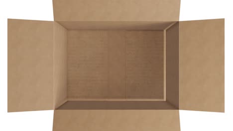 Overhead-of-empty-brown-cardboard-box-with-lid-opening-on-white-background