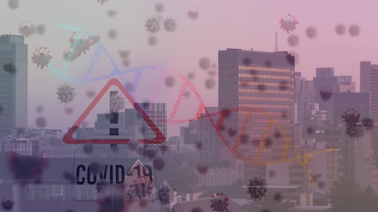 Animation of corona virus cells, dna and covid 19 sign over cityscape