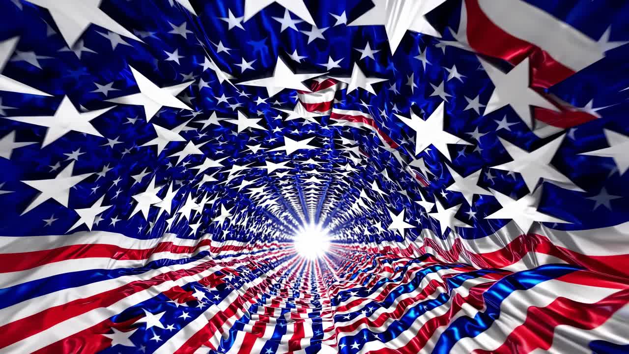 Waving American flag creating a vibrant tunnel with a bright light at the end, symbolizing hope and freedom for the United States of America and its enduring spirit