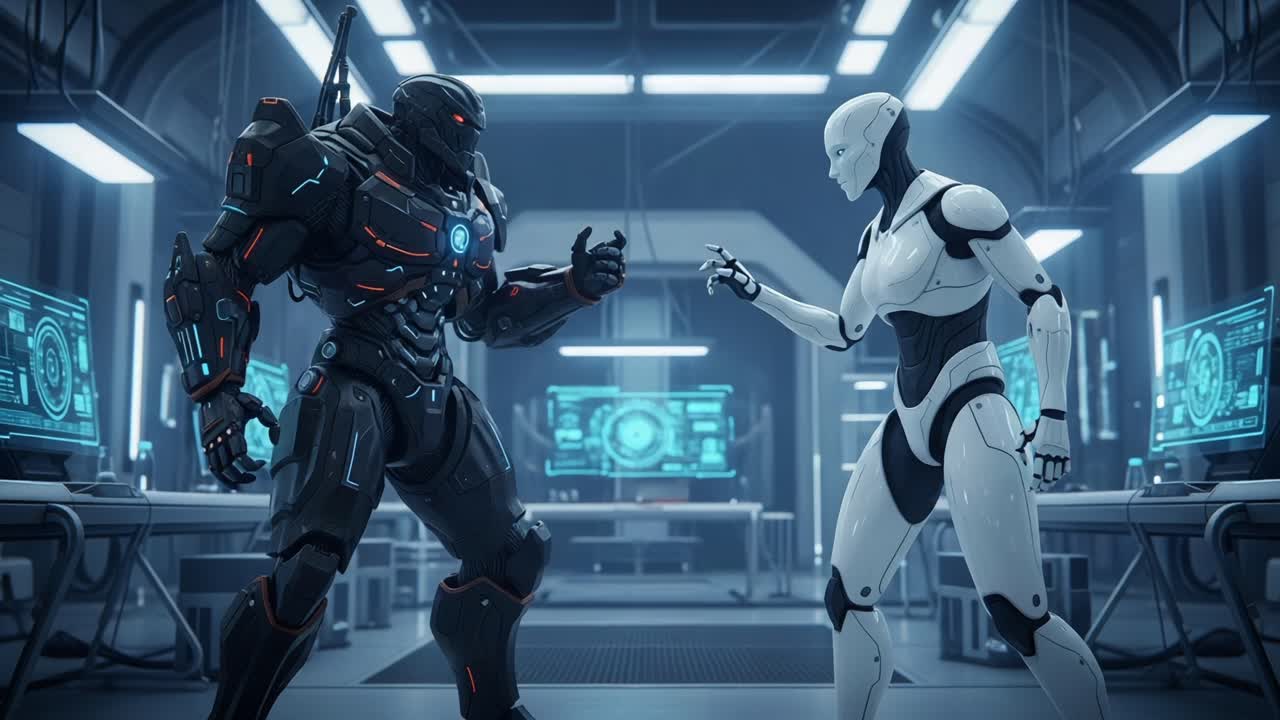 A Dramatic Encounter Between Two Futuristic Robots in a Sophisticated Laboratory Setting: Exploring the Dynamics of Technology and Artificial Intelligence