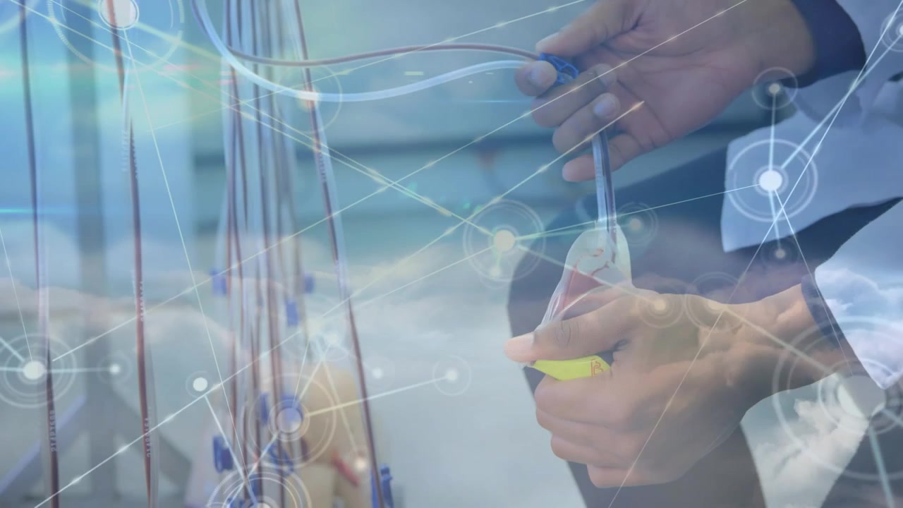 Animation of network of connections over hands of caucasian doctor and drips